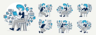 Üniversite veya kolaj eğitimi, öğrenci ödev yapıyor veya sınava hazırlanıyor, vektör özeti çizim seti, öğrenim bilimleri ve mezun olma.