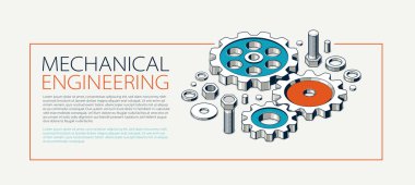 Makine mühendisliği reklamcılığı, dişliler ve dişliler bileşimi izometrik üç boyutlu vektör çizimi, dişli sistem teknolojisi ve makine motoru reklamı.