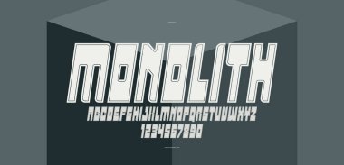 Logolar ve amblemler için kaba geometrik kare ve güçlü vektör geometrik yazı tipi, posterler için yazı karakteri, modern tarzda ağır ve kalın harfler, italik sürüm.