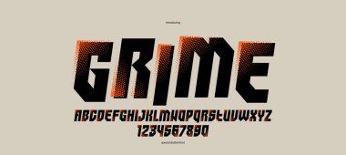 Logo ve posterler için yarı tonlu fütürist siber punk yazı tipi, vektör acımasız endüstriyel yazı tipi alfabe harfleri ve numaraları, kentsel teknolojik gelecek tipografisi, italik versiyonu.