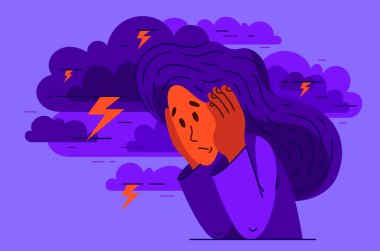 Stresli ve rahatsız hisseden genç bir kadın, zihinsel bozukluk, panik ve endişe yaşayan birinin vektör çizimi, psikolojik sorunlar..