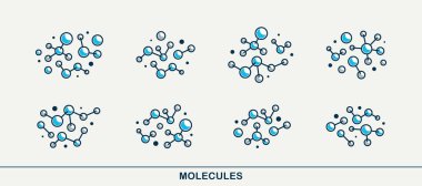 Molekül yapı vektör simgeleri seti, kimya moleküler mikroskobik yapı, bilim ve ilaç teması.