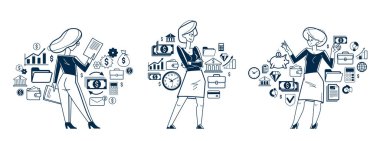 Ekonomik anlaşmaları analiz eden ve düzenleyen iş adamı vektör ana hatları çizim seti, ticari bir proje üzerinde çalışan girişimci şirket lideri.