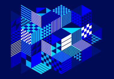 Isometric 3D küp vektörü soyut geometrik arkaplan, soyut sanat çokgen grafik tasarım duvar kağıdı, kübik şekiller ve koyu renk üzerine düşük polen bileşimi.