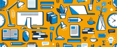 Ofis ya da uzak iş geçmişi, PC ve kağıtlar iş yeri masa başı işi sonsuz duvar kağıdı, tüm unsurları simge ya da illüstrasyon olarak ayrı ayrı kullanmak kolay.