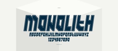 Logolar ve markalar için kalın ve güçlü vektör geometrik yazı tipi, posterler ve reklamlar için ağır harfler, büyük şişman harflerle yazı karakteri, italik sürüm.