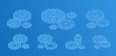 Makine mühendisliği konsepti, dişliler ve dişliler bileşimi izometrik üç boyutlu vektör çizimi, dişli sistem teknolojisi ve makine motoru..