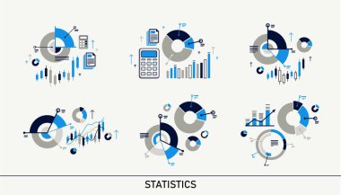 Soyut istatistik bilgi grafikleri vektörü seti, piyasa ticaret diyagramları ve grafikleri, veri analiz raporu, sunum.