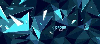 Siyah ve mavi çokgen vektör soyut arkaplan, 3D düşük poli yüzey hareketli dinamik parçacıklar, düzen ve kaos yaratıcı kavram, bozuk elementler.