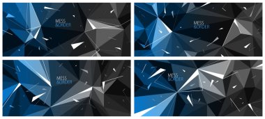 Karışıklık ve düzen konsepti, düşük polimerli vektör soyut arkaplan ve hareketli dinamik parçacıklar, uçan molozlarla kaos bozunması.