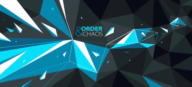 Düzen ve kaos vektörü soyut arkaplan, 3D koyu siyah ve parlak mavi düşük poligonal yüzey bozunmuş parçacıklar hareket halinde.