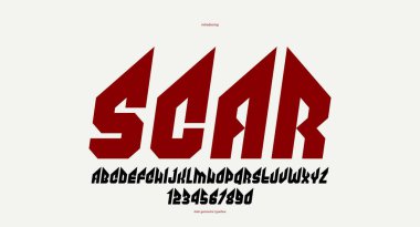 Keskin ve kalın italik vektör yazı tipi logo, gotik veya ağır metal tarzı modern yazı tipi, keskin sert rock harfleri ve başlıklar veya sloganlar için rakamlar alfabesi, ağır tipografi.