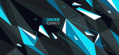 Düzen ve kaos vektörü soyut arkaplan, 3D koyu siyah ve parlak mavi düşük poligonal yüzey bozunmuş parçacıklar hareket halinde.