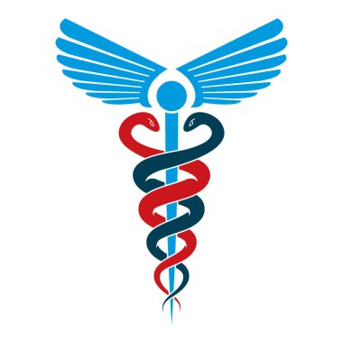 Caduceus tıbbi sembolü, kanatları ve yılan ile oluşturulan grafik vektör amblemi.