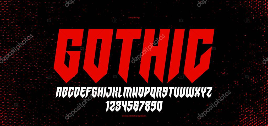 Sharp and bold gothic font for logo creation of for headlines, edgy geometric modern vector typeface, heavy metal and hard rock style alphabet with numbers, italic version.