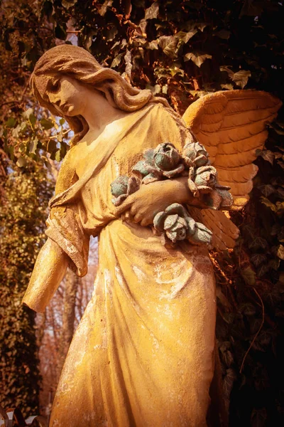 人生の終わりの象徴として美しい悲しい天使の下からの眺め 古代の石像 — ストック写真