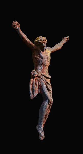 Σταύρωση Του Ιησού Χριστού Ένα Αρχαίο Σιδερένιο Άγαλμα Μαύρο Φόντο — Φωτογραφία Αρχείου