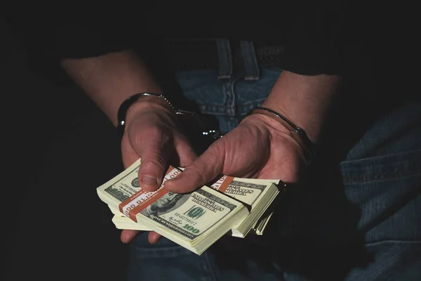 Corruption Illegal Gratuities Concept Arrested Man Holding Money Handcuffs — Stock Photo, Image