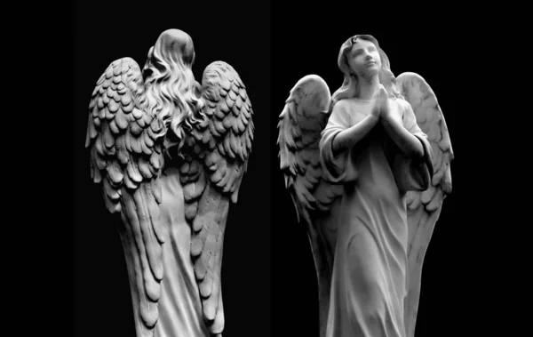 Front and back view of an angel against black background. Horizontal black and white image.