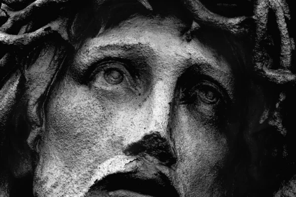 Pasja Jezusa Chrystusa Fragment Starożytnych Kamiennych Posągów Czarno Biały Obraz — Zdjęcie stockowe