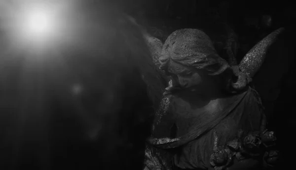 Античная Статуя Замечательного Ангела Лучах Солнца Черно Белое Изображение — стоковое фото