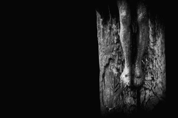 Crucifixion Jesus Christ Fragment Very Ancient Wooden Statue Black White — Stock Photo, Image