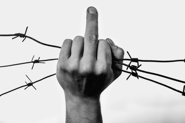 Freedom Concept Man Barbed Wire Shows Middle Finger Gesture Symbol — Stock Photo, Image