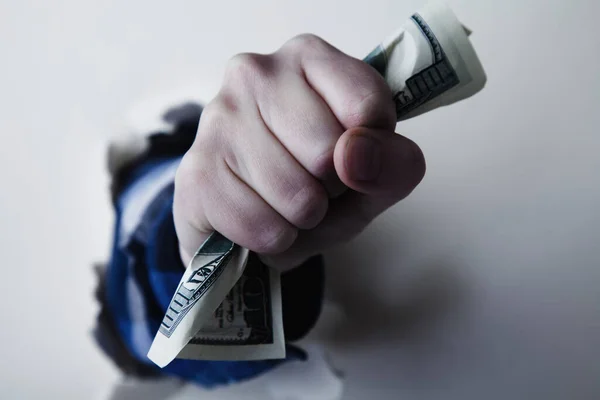 Fist Full Paper Money Dollars Punching Wall Wealth Earnings Victory — Stock Photo, Image