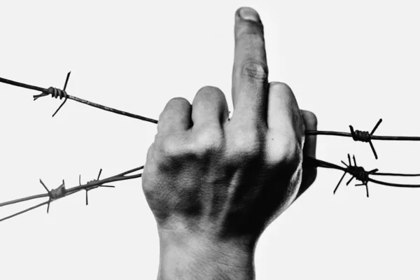 Έννοια Της Ελευθερίας Άντρας Συρματόπλεγμα Δείχνει Μια Χειρονομία Μεσαίου Δαχτύλου — Φωτογραφία Αρχείου