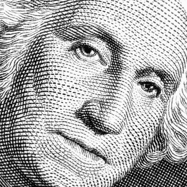 George Washington 'un Amerika' nın ekonomi, finans ve iş dünyasının sembolü olarak bir Amerikan dolarındaki Macro görüntüsü.