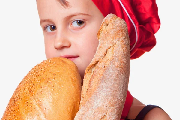 Young Beautiful Female Baker Chef Fresh Baked Baguette Bread Bran — Stock Photo, Image