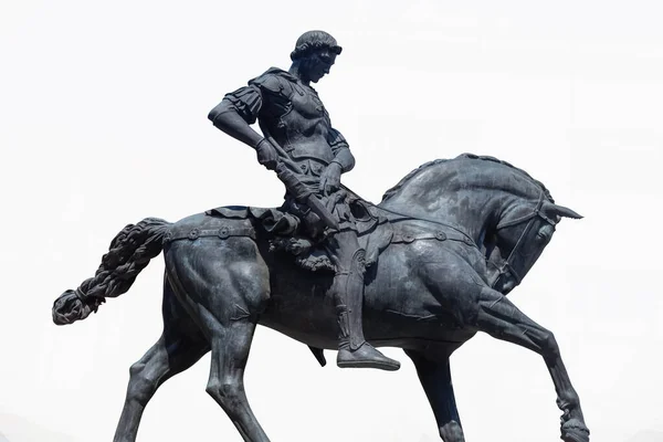 Roman Military Cavalry Roman Rider Warrior Sits Saddle Horse Takes — Stock Photo, Image