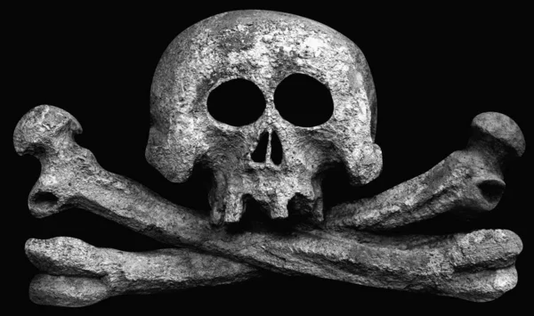 人間の頭蓋骨の古代の石像死と恐怖の象徴として背景に — ストック写真