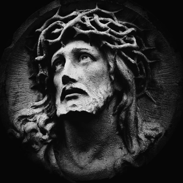 Macro Image Jesus Christ Crown Thorns Ancient Stone Statue — Stock Photo, Image