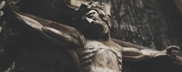 Ιησούς Χριστός Σταυρώθηκε Θραύσμα Αρχαίου Ξύλινου Γλυπτού Λεπτομέρειες — Φωτογραφία Αρχείου