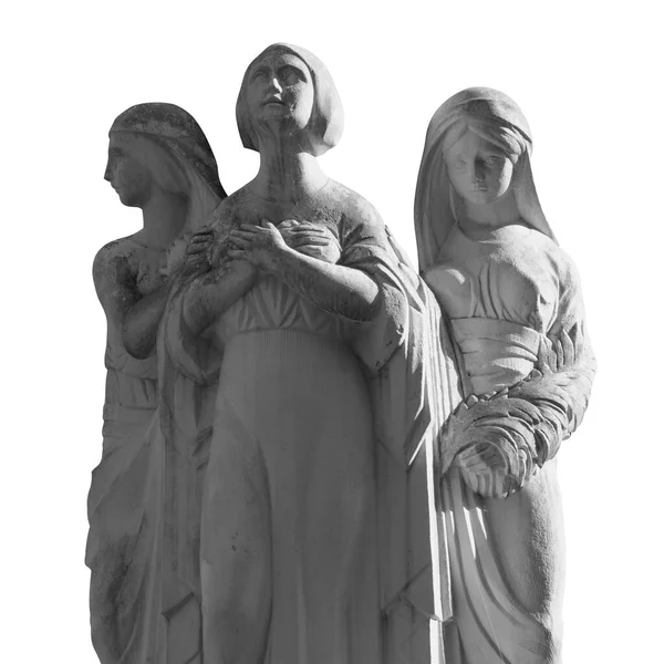 Estátua Pedra Muito Antiga Três Mulheres Como Símbolo Tempo Passado — Fotografia de Stock