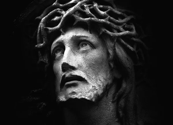 Makro Bild Ansikte Jesus Kristus Krona Törnen Staty — Stockfoto