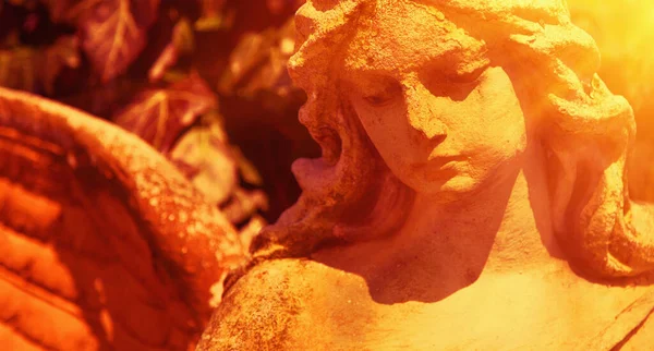 下を見下ろす甘い顔の表情をした美しい天使の石像 — ストック写真