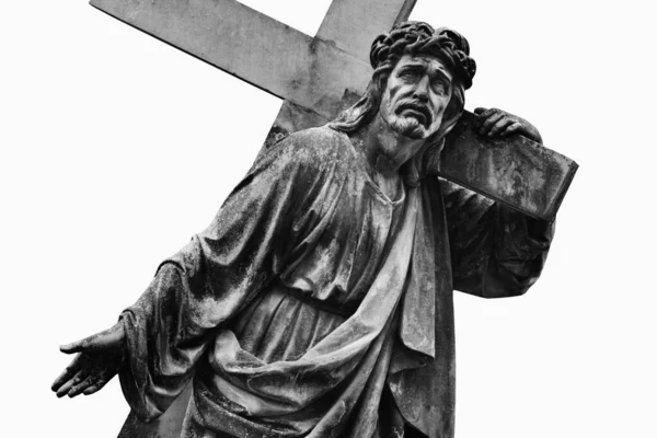 Ukrzyżowanie Jezusa Chrystusa Fragment Starożytnego Kamiennego Posągu Biały Czarny Obraz — Zdjęcie stockowe