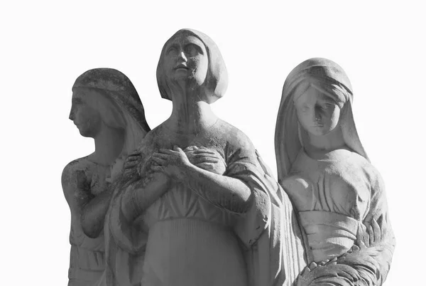 非常古老的石像 由三个女人组成 象征着时间 现在和未来 黑色和白色的图像 横向图像 — 图库照片