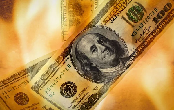 Burning Dollar Bill Symbol Global World Financial Crisis — Stock Photo, Image