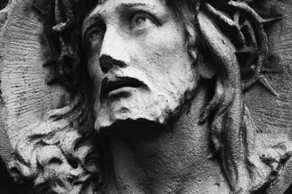Fragmento Una Antigua Estatua Jesús Hrist Imagen Blanco Negro — Foto de Stock