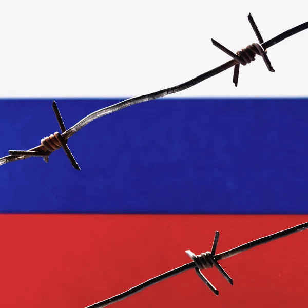 Close Barbed Wire Russian Flag Background Symbol Totalitarian Regime Russia — Stock Photo, Image