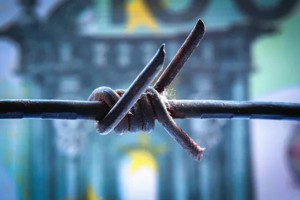 Economic Warfare Sanctions Embargo Busting Concept Close Dirty Barbed Wire — Stockfoto