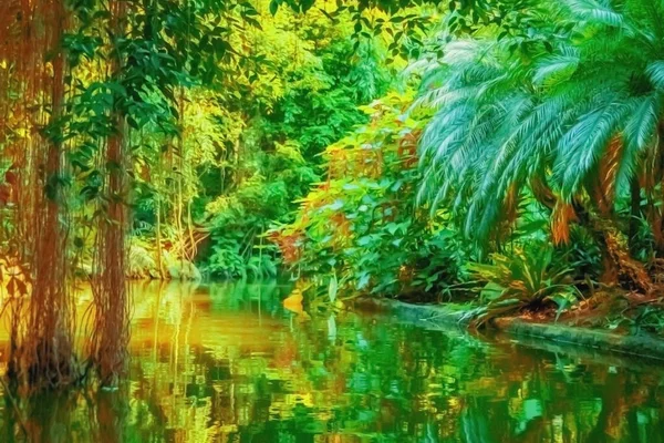 Schöne Wilde Landschaft Mit Tropischem Wald Und Fluss Horizontales Bild — Stockfoto