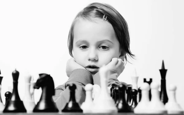 Humorous Portrait Beautiful Child Girl Learns Play Chess Black White — Stock Photo, Image