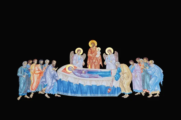 圣母玛利亚之死基督徒对死亡的理解是向另一个世界的过渡 当圣母玛利亚的尸体躺在床上时 耶稣基督用他的手抚摩圣母玛利亚的灵魂 — 图库照片