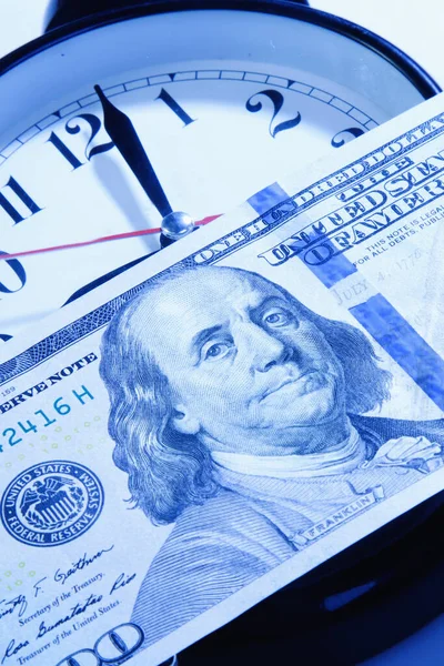 Alarmclock Dollars Cash Symbol Business Wealth Work Vertical Image — Stock Photo, Image