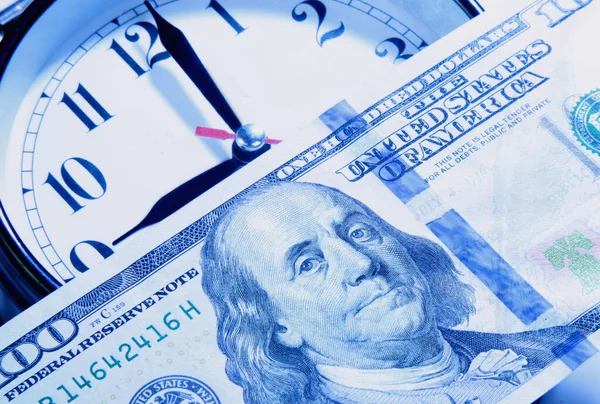 Time Make Money Macro Image Alarmclock Dollars Cash Symbol Business — Stock Photo, Image
