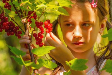 Vitaminler, sağlıklı yiyecekler, mutlu çocukluk konsepti. Güzel genç kızın portresi kırmızı bir çalılığın yanında..